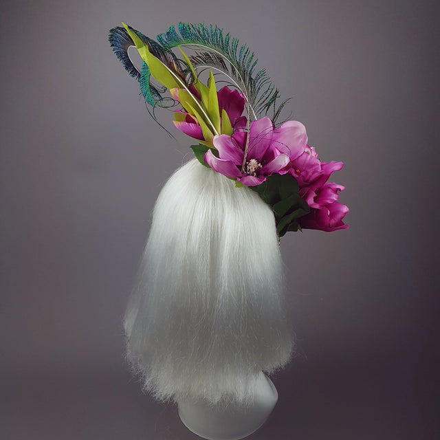 "Maurelle" Pink Purple Gladioli & Rose Headpiece with Peacock Feathers