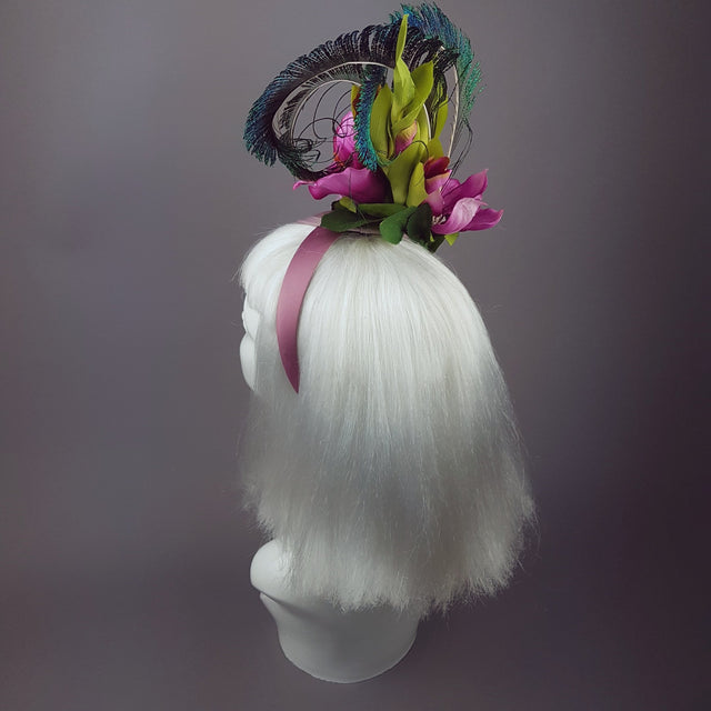 "Maurelle" Pink Purple Gladioli & Rose Headpiece with Peacock Feathers