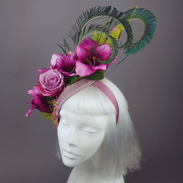 "Maurelle" Pink Purple Gladioli & Rose Headpiece with Peacock Feathers