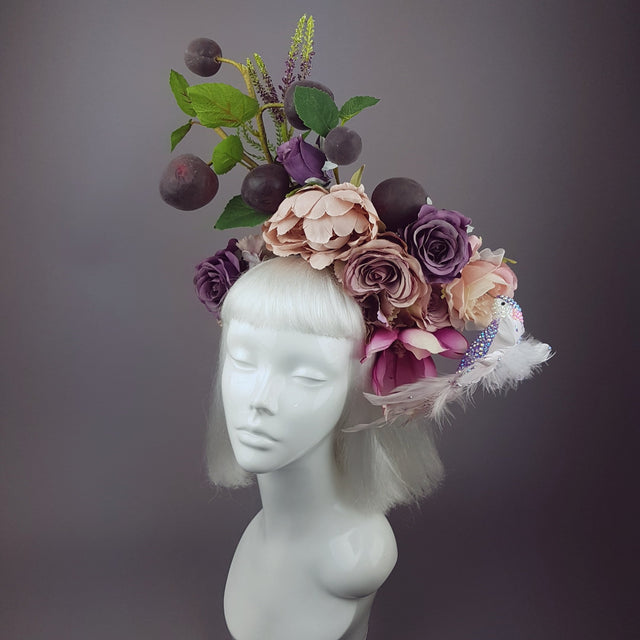 "Fleur De Prunier" Pink Purple Plum & Floral Rose Headpiece with Crystal Bird