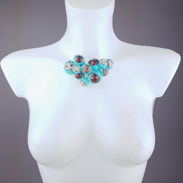 "Aqua Poppets" Blue Bubble DollFace Necklace