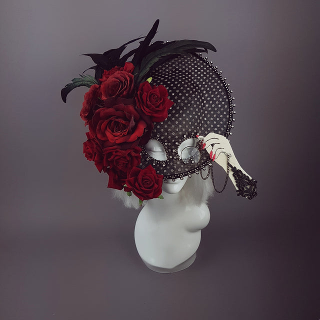 "Eccentricity" Black and white Polka dot, Rose Feather Hat Mask