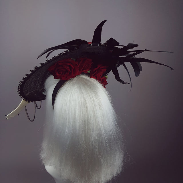 "Eccentricity" Black and white Polka dot, Rose Feather Hat Mask