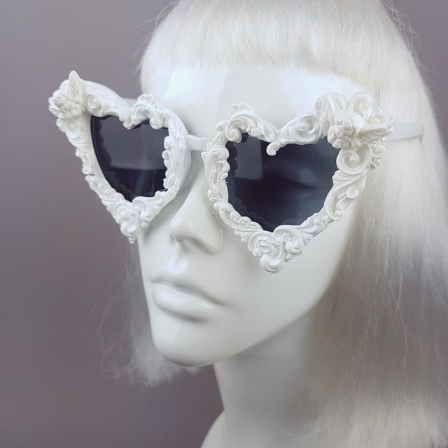 "Madame de Pompadour" White Filigree Heart Shaped Sunglasses