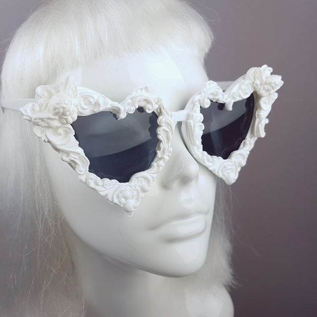"Madame de Pompadour" White Filigree Heart Shaped Sunglasses