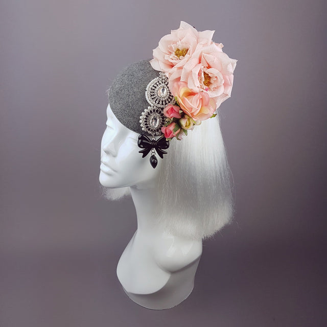 "Melisande" Grey & Pink Rose Headpiece with Jewels