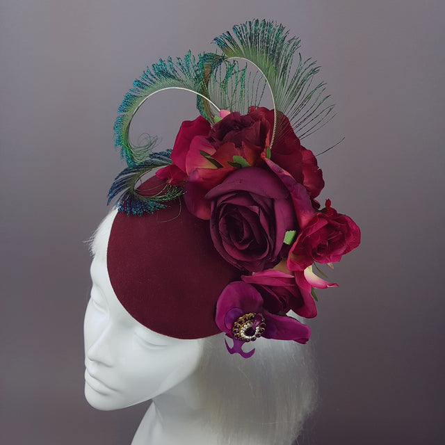 "Tiana" Deep Pink/Red Rose Headpiece with Peacock Feathers