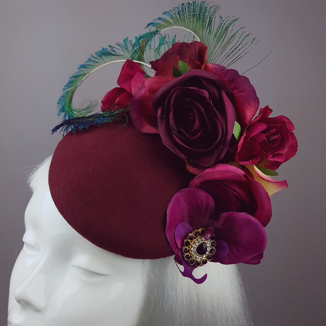 "Tiana" Deep Pink/Red Rose Headpiece with Peacock Feathers