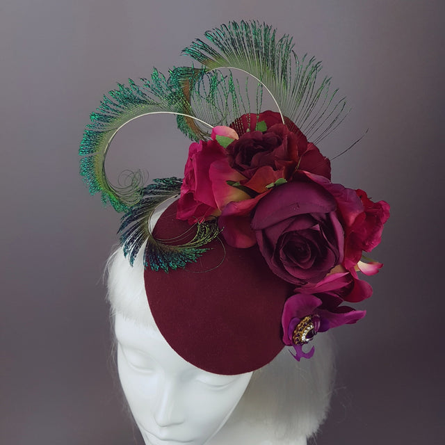 "Tiana" Deep Pink/Red Rose Headpiece with Peacock Feathers