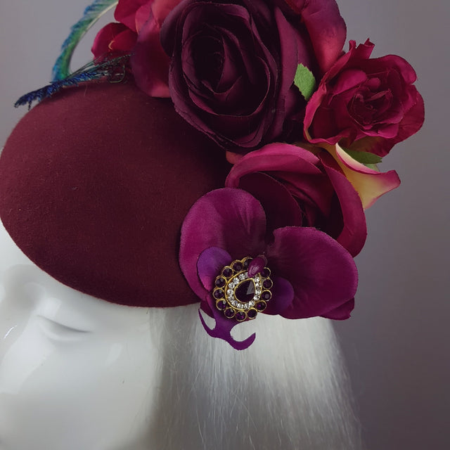 "Tiana" Deep Pink/Red Rose Headpiece with Peacock Feathers