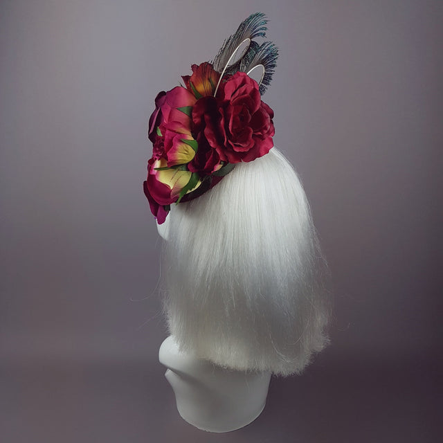 "Tiana" Deep Pink/Red Rose Headpiece with Peacock Feathers