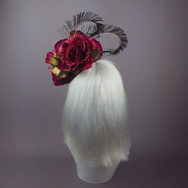 "Tiana" Deep Pink/Red Rose Headpiece with Peacock Feathers