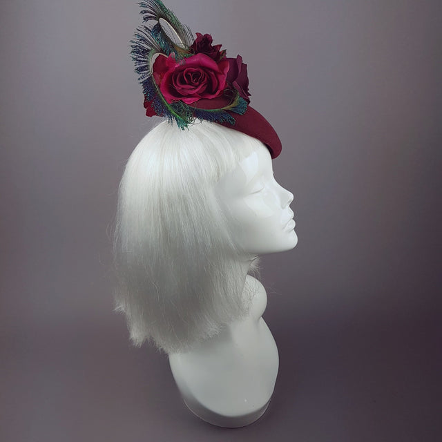 "Tiana" Deep Pink/Red Rose Headpiece with Peacock Feathers