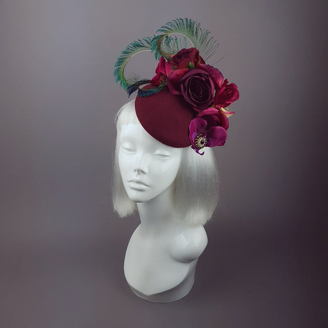 "Tiana" Deep Pink/Red Rose Headpiece with Peacock Feathers