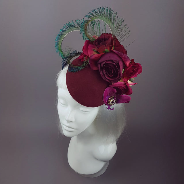 "Tiana" Deep Pink/Red Rose Headpiece with Peacock Feathers