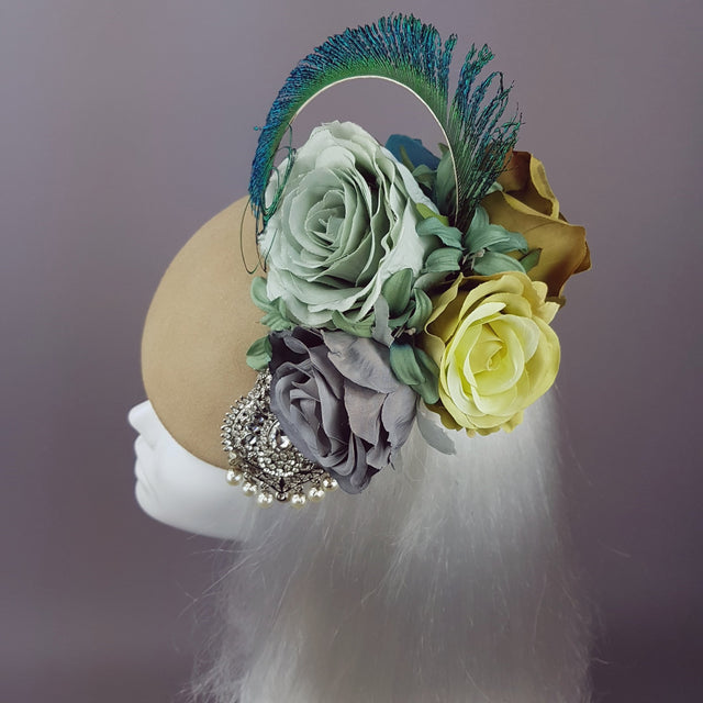 "Alexandra" Bohemian Rose Headpiece with Peacock Feathers