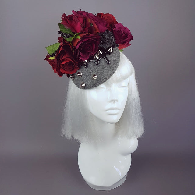 "Hecate" Red Rose, Black Filigree & Spikes Hat