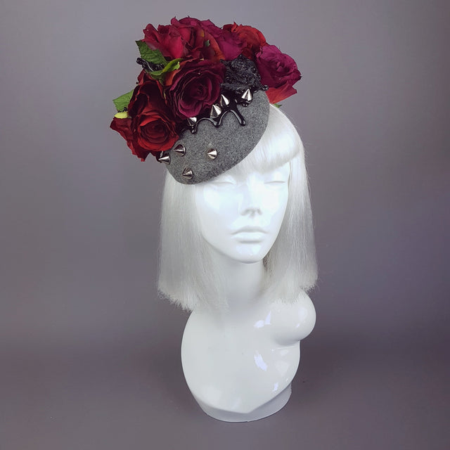"Hecate" Red Rose, Black Filigree & Spikes Hat