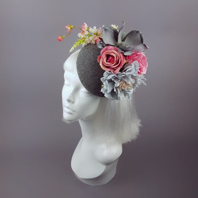 "Odelina" Grey & Pink Floral Fascinator