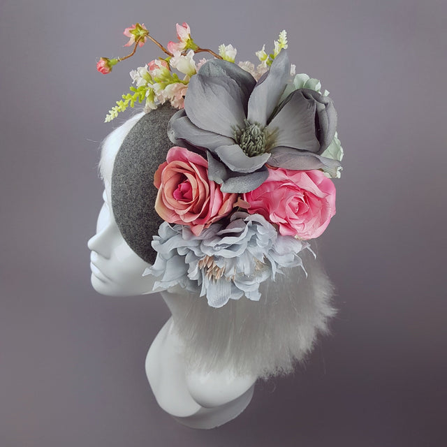 "Odelina" Grey & Pink Floral Fascinator