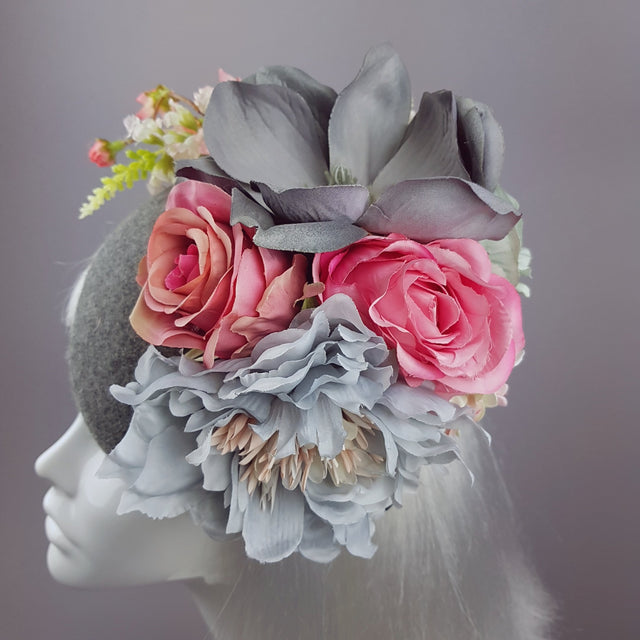 "Odelina" Grey & Pink Floral Fascinator