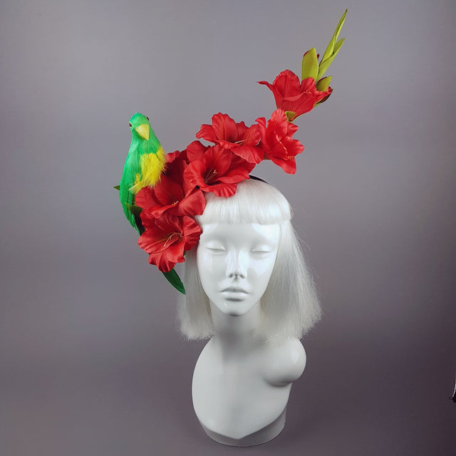 "Perroquet in Red" Parrot & Gladioli Tropical Flower Headpiece