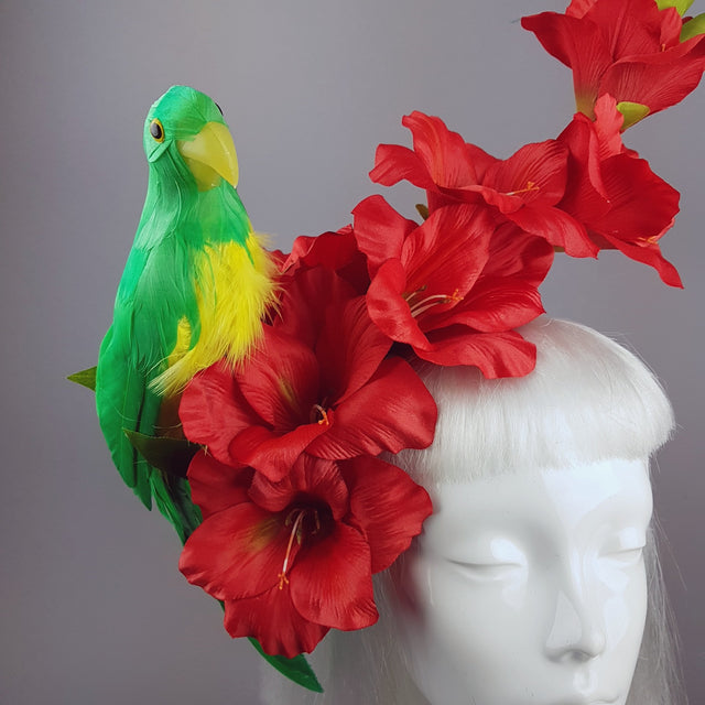 "Perroquet in Red" Parrot & Gladioli Tropical Flower Headpiece