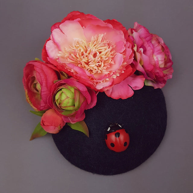 "Donella" Pink Rose, Ladybird on Dark Grey Fascinator