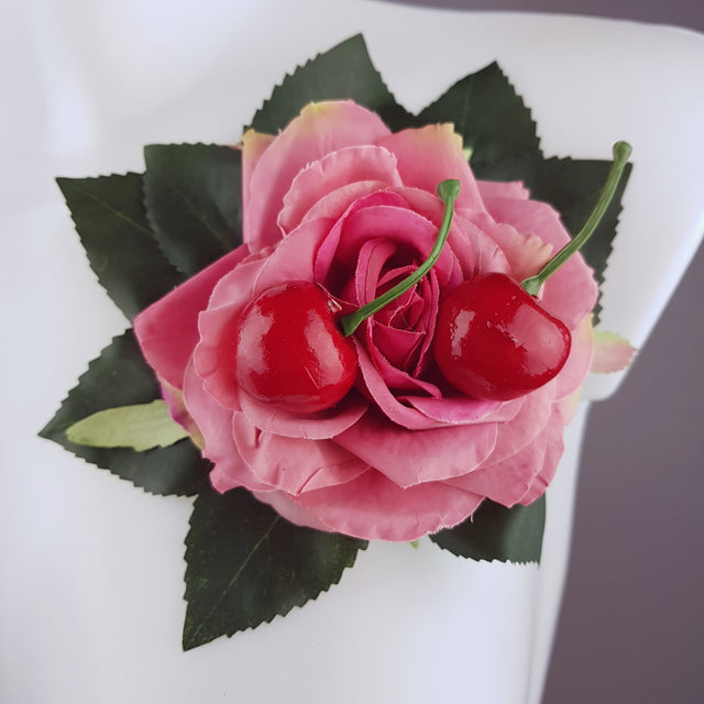 "Rossa" Pink Rose & Cherry Corsage Brooch