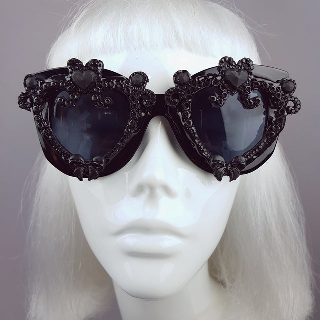 "J'adore" Black Heart & Bow Filigree Sunglasses