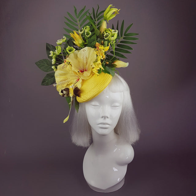 "Sunni" Yellow Tropical Hibiscus Flowers Fascinator Hat