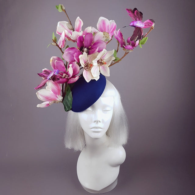 "Eolande" Pink Magnolia Flowers & Hummingbirds Fascinator Hat