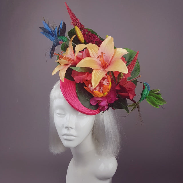 "Nerida" Pink & Orange Tropical Hibiscus Flowers Fascinator Hat