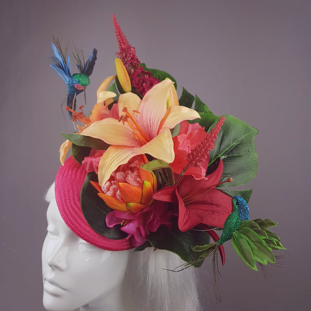 "Nerida" Pink & Orange Tropical Hibiscus Flowers Fascinator Hat