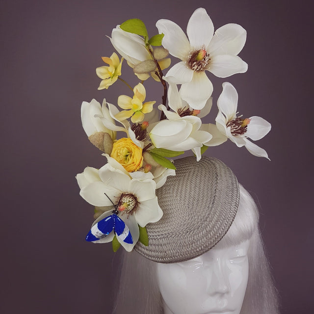 "Lorilla" Grey and Yellow Magnolia Flowers Fascinator Hat
