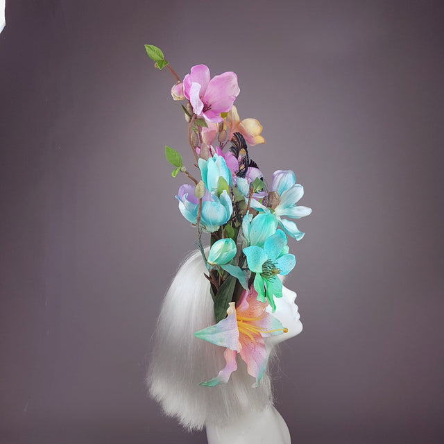 "Éclairer" Rainbow Magnolia Flower & Peacock Feather Headpiece