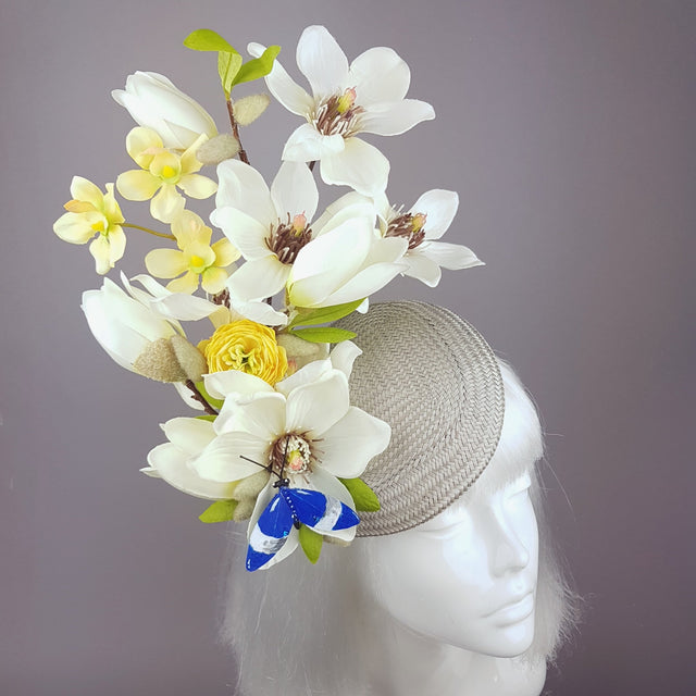 "Lorilla" Grey and Yellow Magnolia Flowers Fascinator Hat