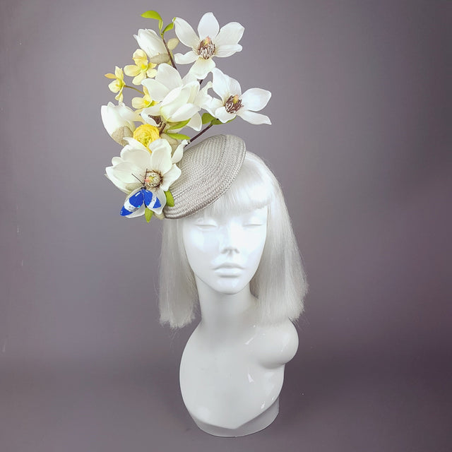 "Lorilla" Grey and Yellow Magnolia Flowers Fascinator Hat