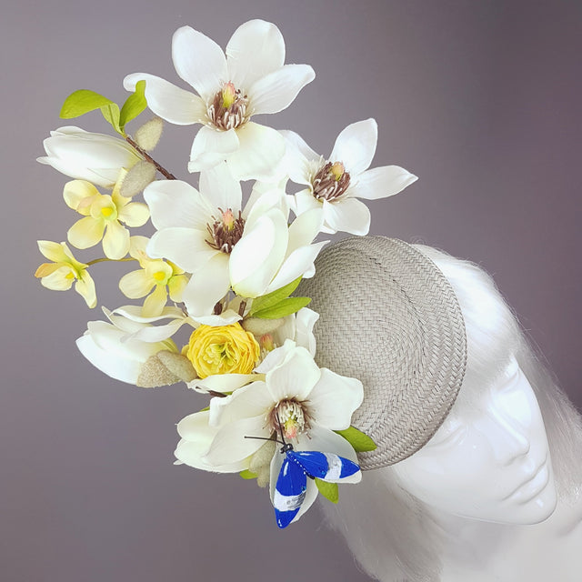 "Lorilla" Grey and Yellow Magnolia Flowers Fascinator Hat