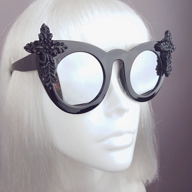 "Pure" Black Filigree Cross Mirrored Sunglasses