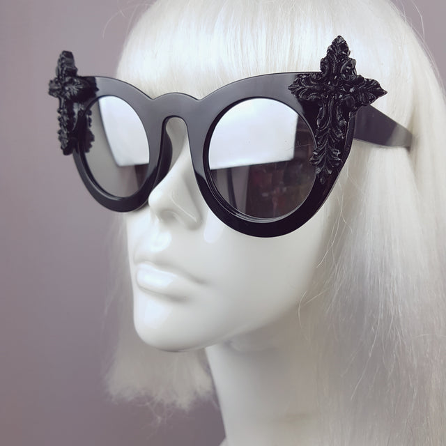 "Pure" Black Filigree Cross Mirrored Sunglasses