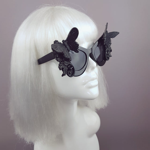 "Jezebeth" Black 3D Butterflies Filigree Catseye Sunglasses