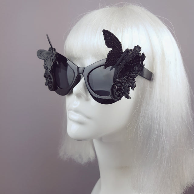 "Jezebeth" Black 3D Butterflies Filigree Catseye Sunglasses
