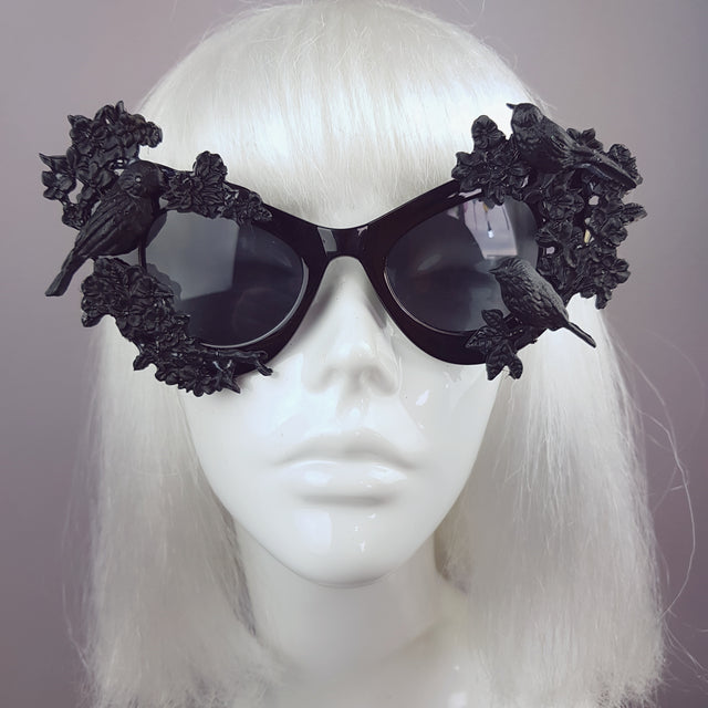 "Lilith" Black Bird & Flowers Filigree Catseye Sunglasses