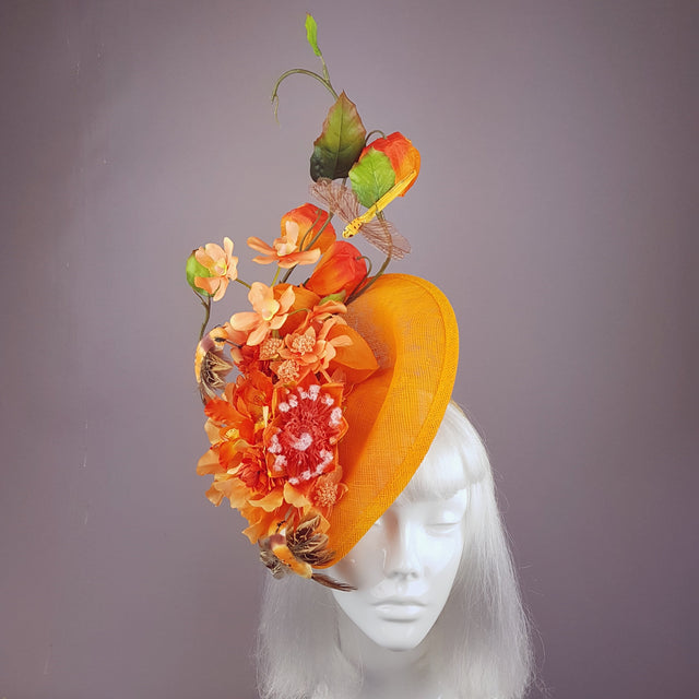 "Puesta de Sol" Orange Flowers & Hummingbirds Fascinator Hat
