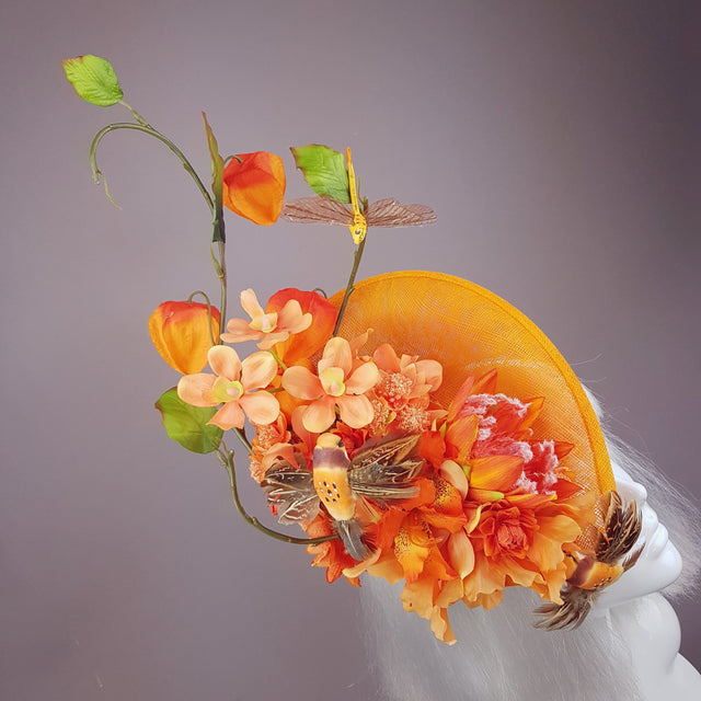 "Puesta de Sol" Orange Flowers & Hummingbirds Fascinator Hat