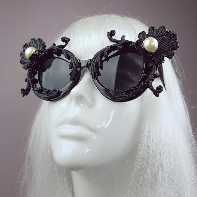 "Sereia" Black Baroque Filigree & Pearl Cats Eye Sunglasses