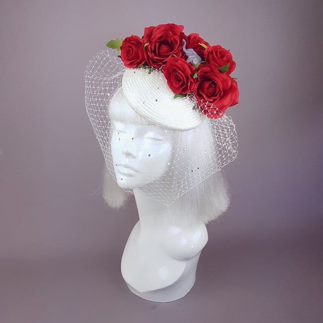 "Nellie" Red Roses & Elephant Ivory Veil Hat