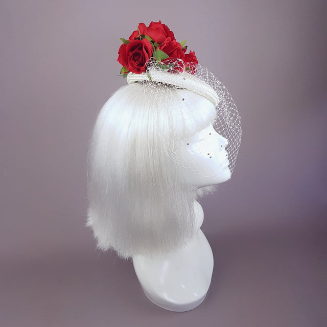 "Nellie" Red Roses & Elephant Ivory Veil Hat