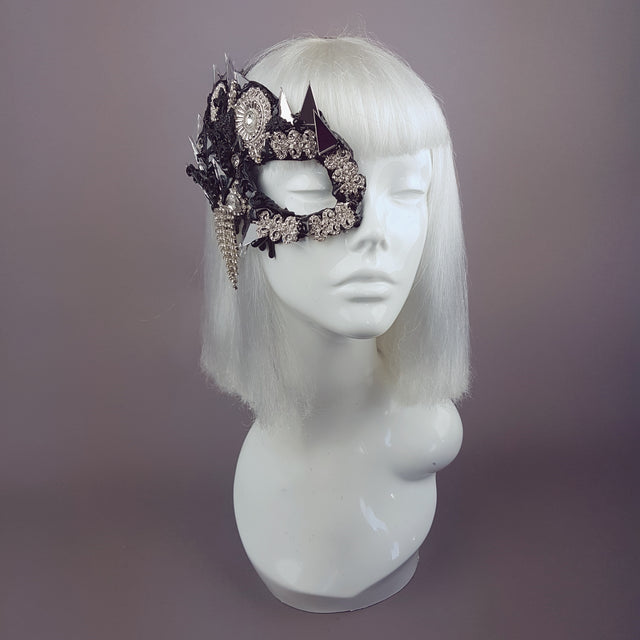 "Demonica" Black Silver Jewel & Mirror Half Mask